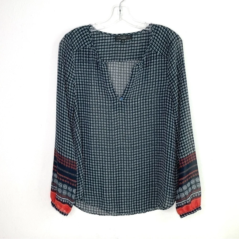 SANCTUARY Boho Print Patterned Semi-Sheer Long Sleeve Blouse Women's Small - Picture 10 of 15